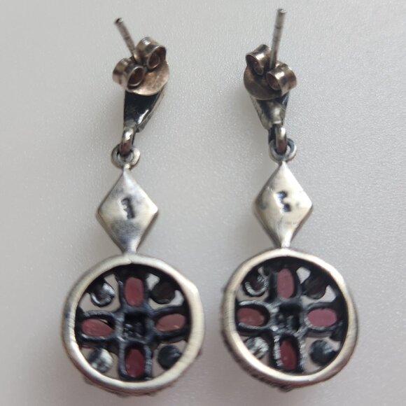 925 SILVER ART DECO STYLE EAR RINGS WITH GARNET AND MARCASITES. - Picture 6 of 7